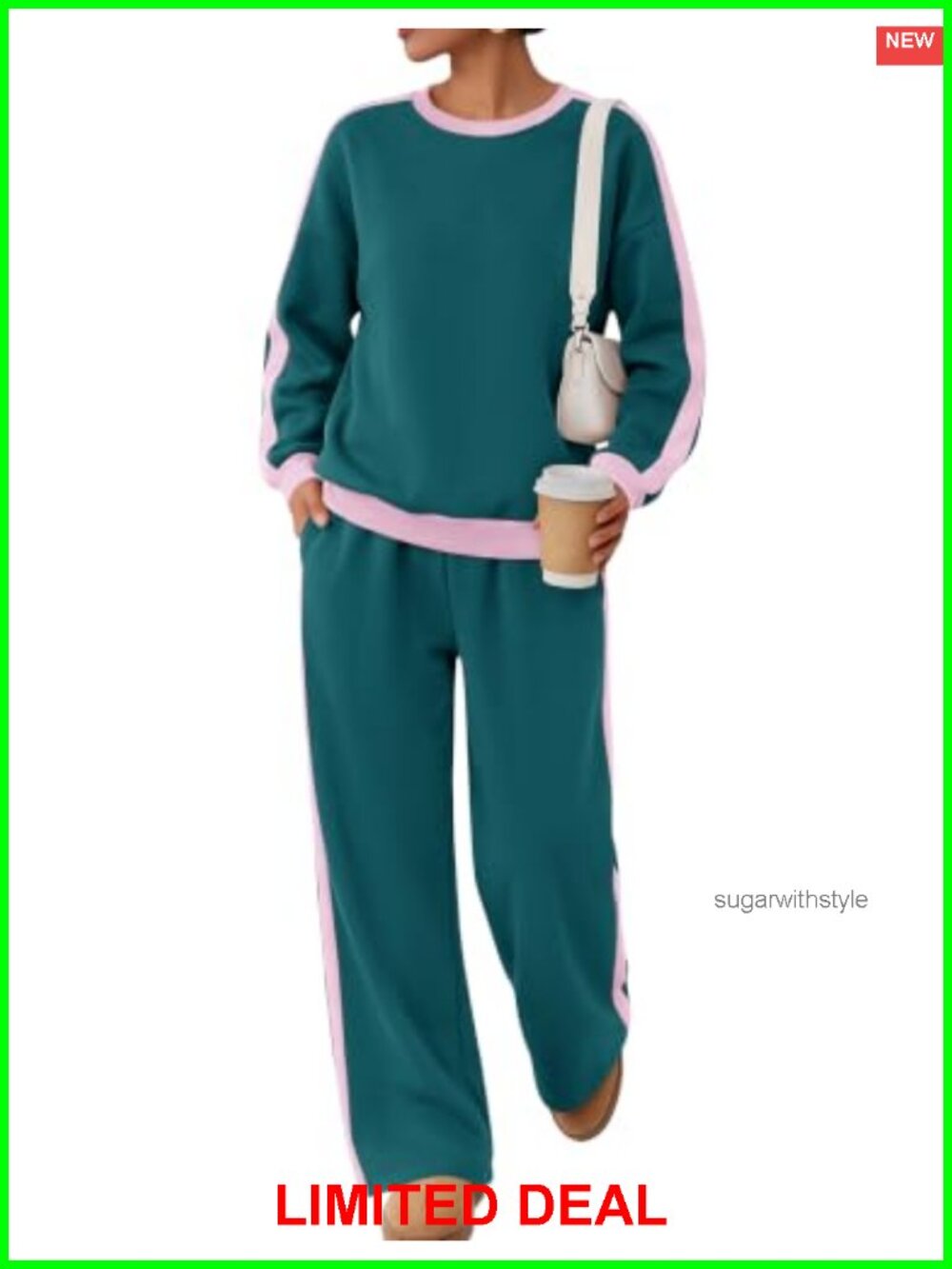 2 Piece Fleece Lined Sweat Lounge Set Oversized Crewneck Wide Leg Pants